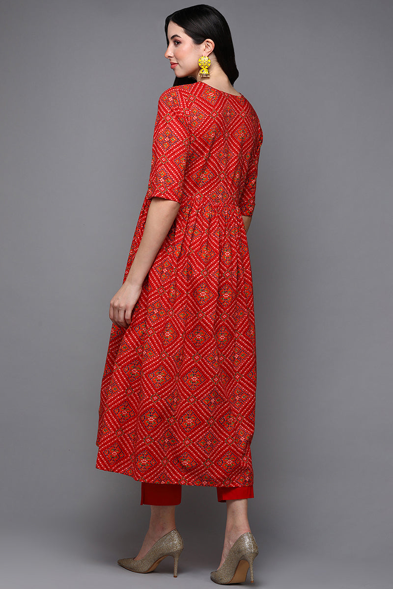 Red Cotton Bandhani A-Line Kurta VCK9340