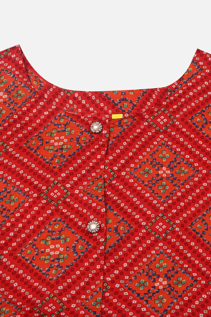 Red Cotton Bandhani A-Line Kurta VCK9340