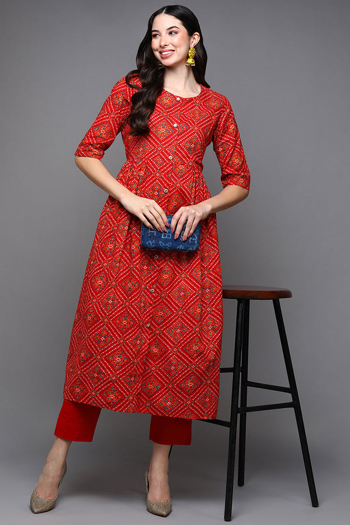 Red Cotton Bandhani A-Line Kurta VCK9340