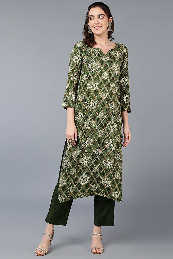 Green Viscose Rayon Printed Straight Kurta VCK9354