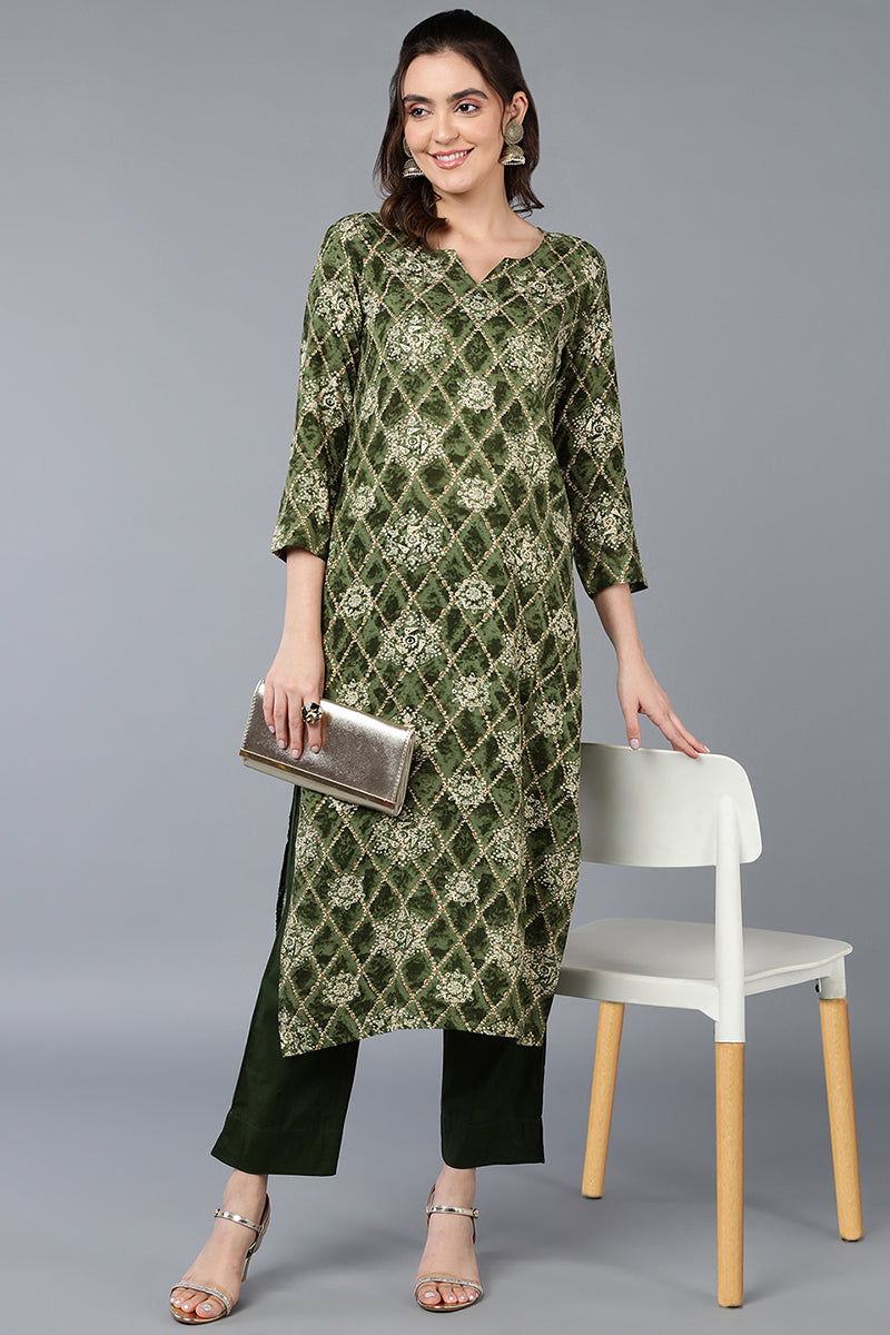 Green Viscose Rayon Printed Straight Kurta VCK9354