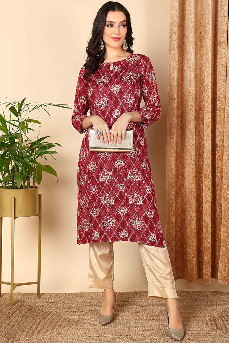 Maroon Viscose Rayon Printed Straight Kurta VCK9355