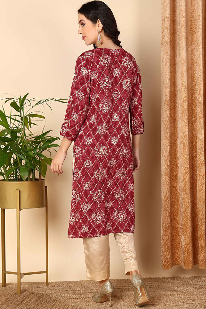 Maroon Viscose Rayon Printed Straight Kurta VCK9355