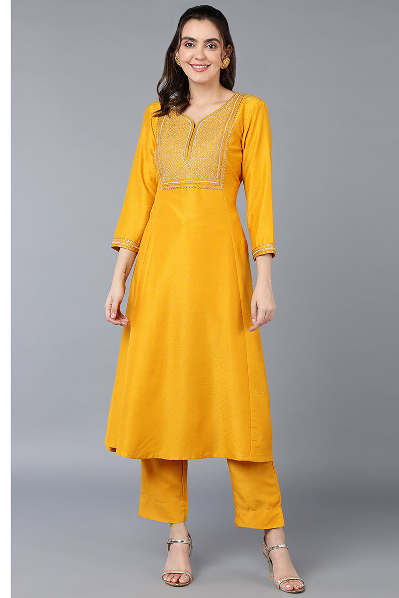 Silk Blend Yellow Embroidered Flared Kurta VCK9356