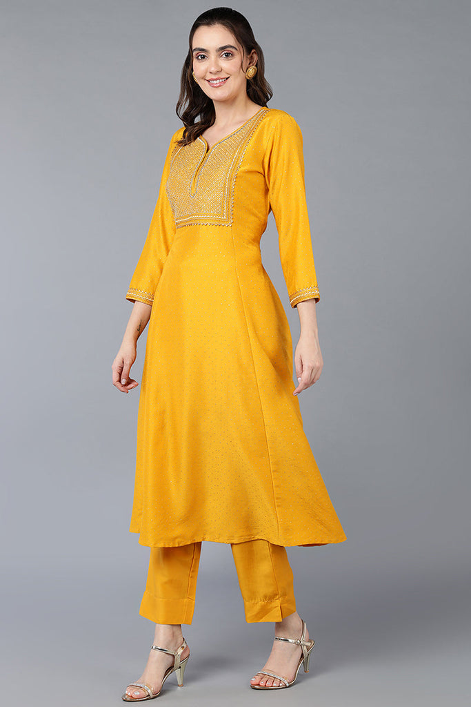 Silk Blend Yellow Embroidered Flared Kurta VCK9356