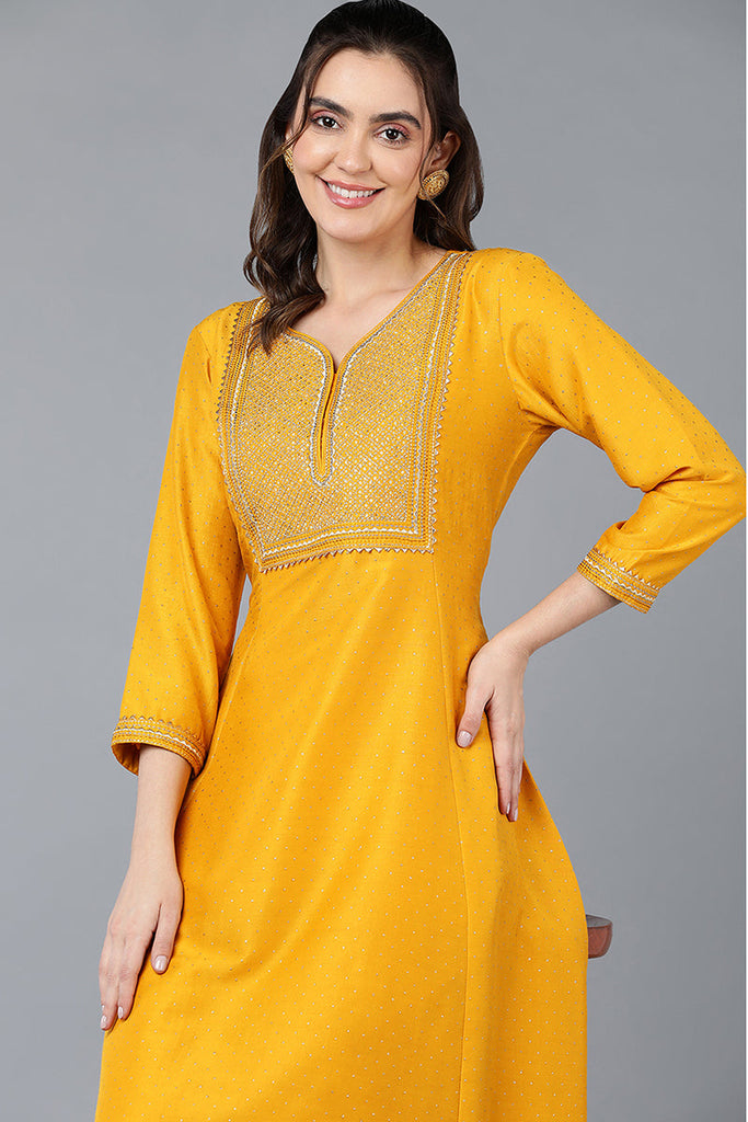 Silk Blend Yellow Embroidered Flared Kurta VCK9356