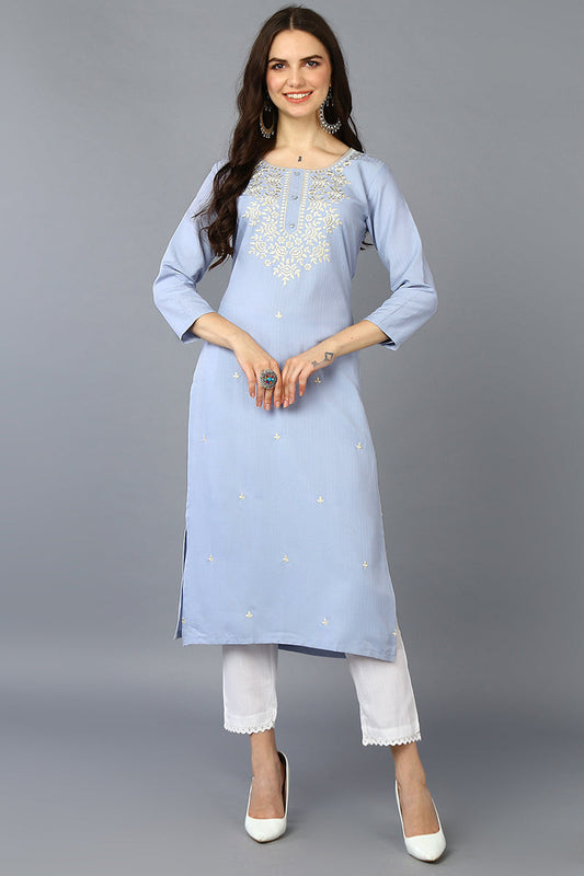 Blue Cotton Blend Embroidered Straight Kurta VCK9358