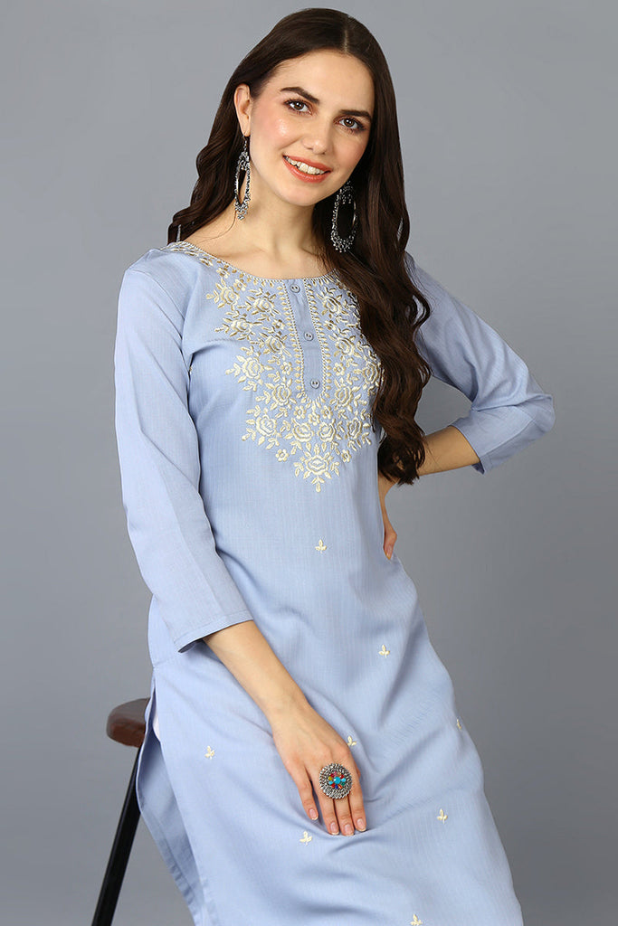 Blue Cotton Blend Embroidered Straight Kurta VCK9358