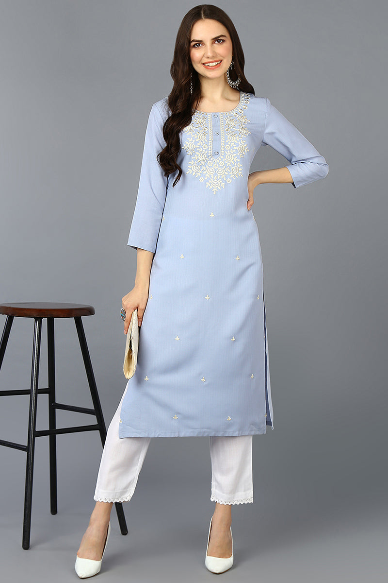 Blue Cotton Blend Embroidered Straight Kurta VCK9358