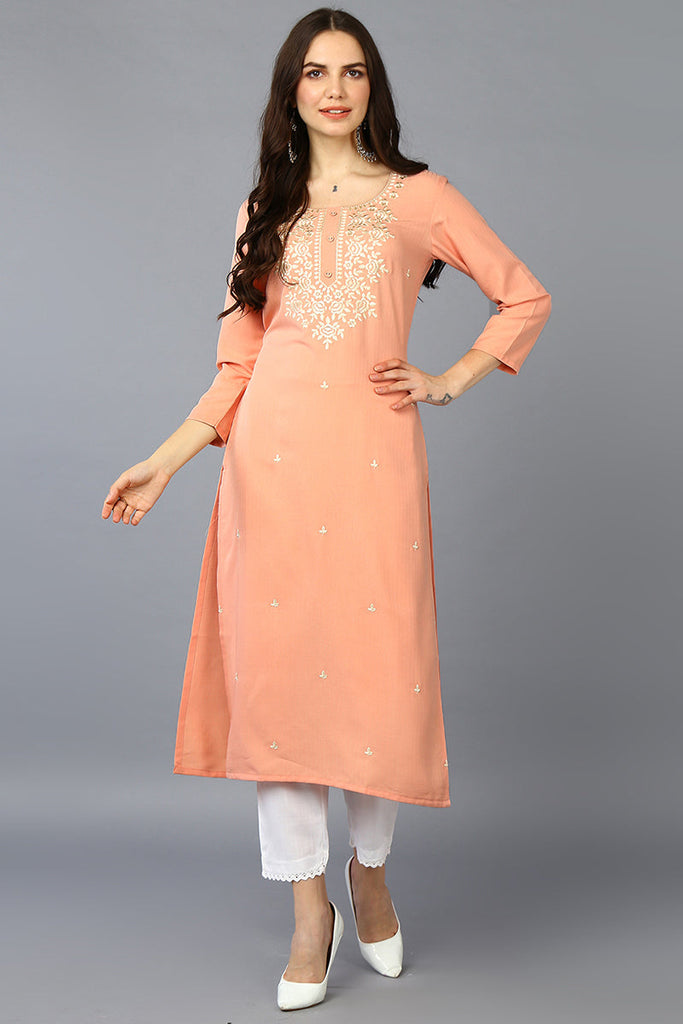 Peach Cotton Blend Embroidered Straight Kurta VCK9359