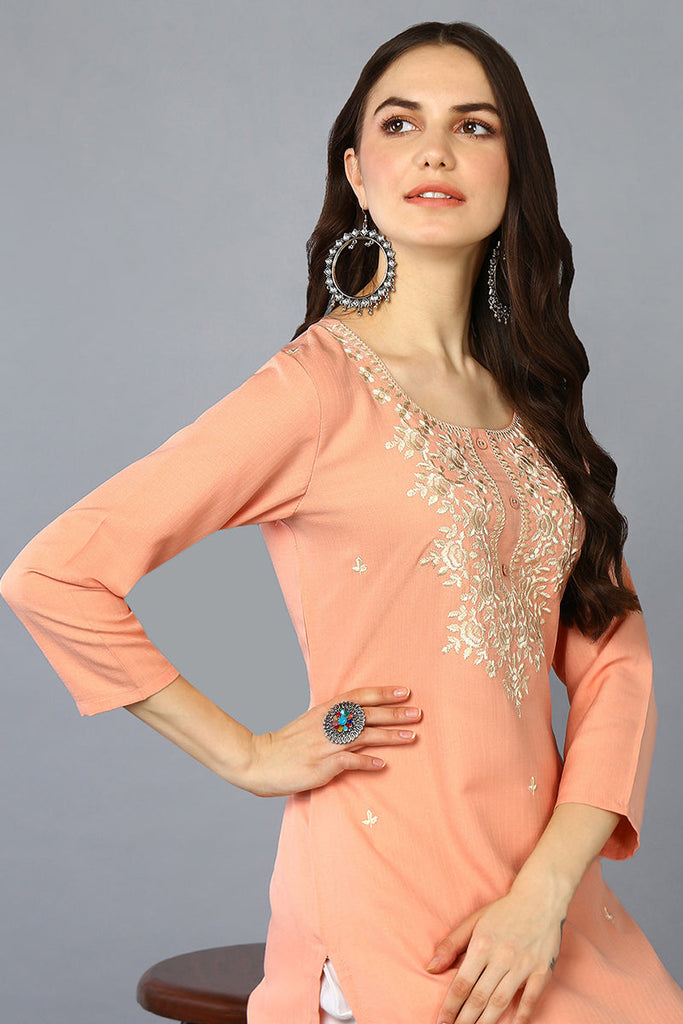 Peach Cotton Blend Embroidered Straight Kurta VCK9359