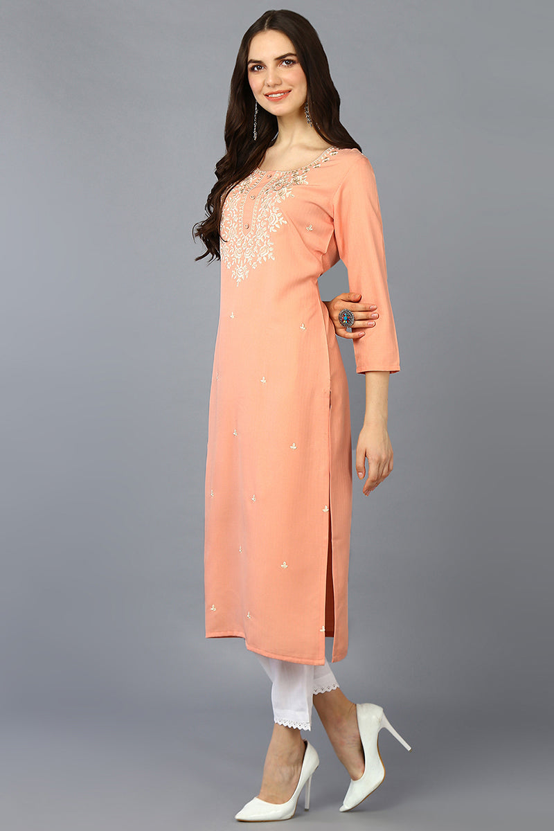 Peach Cotton Blend Embroidered Straight Kurta VCK9359