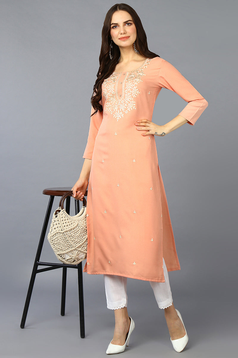 Peach Cotton Blend Embroidered Straight Kurta VCK9359