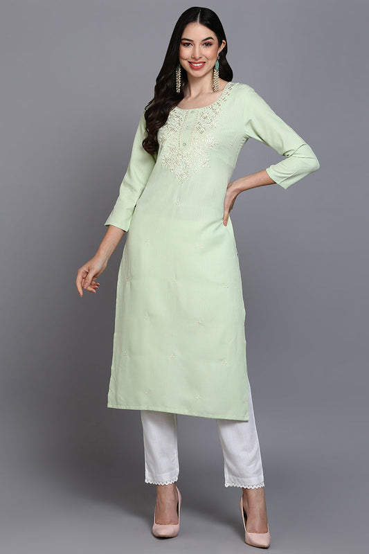 Lime Green Cotton Blend Embroidered Straight Kurta VCK9360