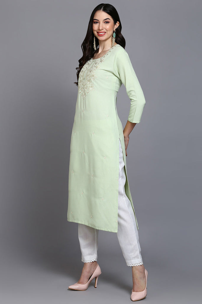 Cotton Blend Lime Green Embroidered Straight Kurta VCK9360