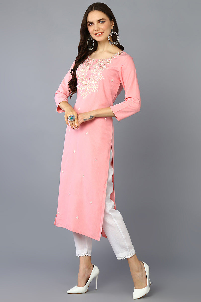 Pink Cotton Blend Embroidered Straight Kurta VCK9361