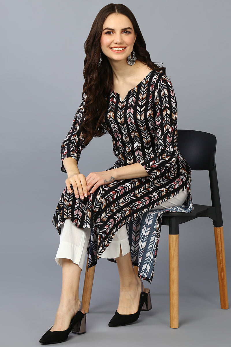 Black Viscose Rayon Ethnic Motifs Straight Kurta VCK9363