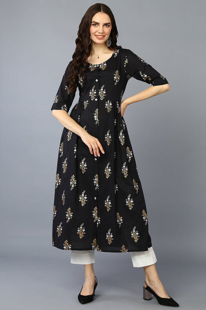 Black Cotton Ethnic Motifs Flared Kurta VCK9366