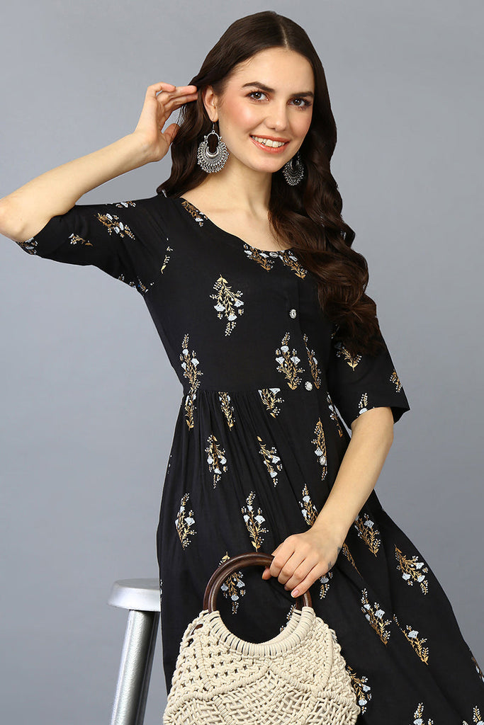 Black Cotton Ethnic Motifs Flared Kurta VCK9366