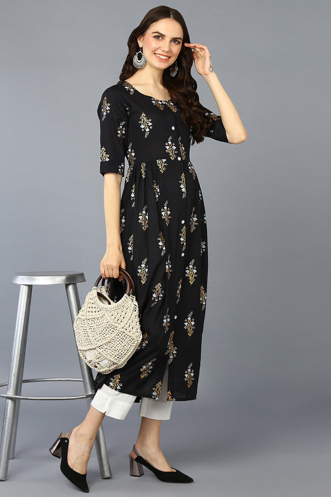 Black Cotton Ethnic Motifs Flared Kurta VCK9366