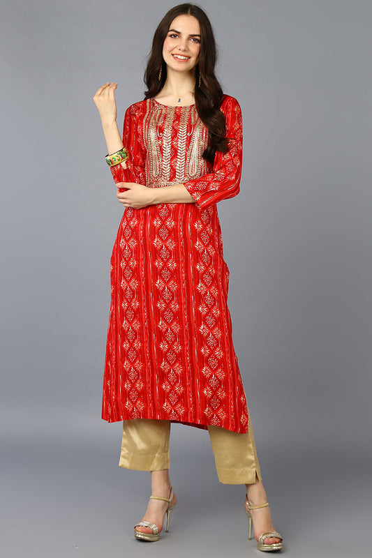 Red Viscose Rayon Ethnic Motifs A-Line Kurta VCK9371