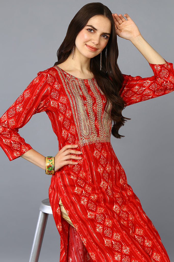 Red Viscose Rayon Ethnic Motifs A-Line Kurta VCK9371