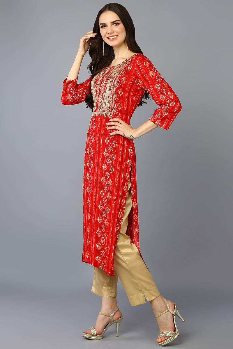 Red Viscose Rayon Ethnic Motifs A-Line Kurta VCK9371