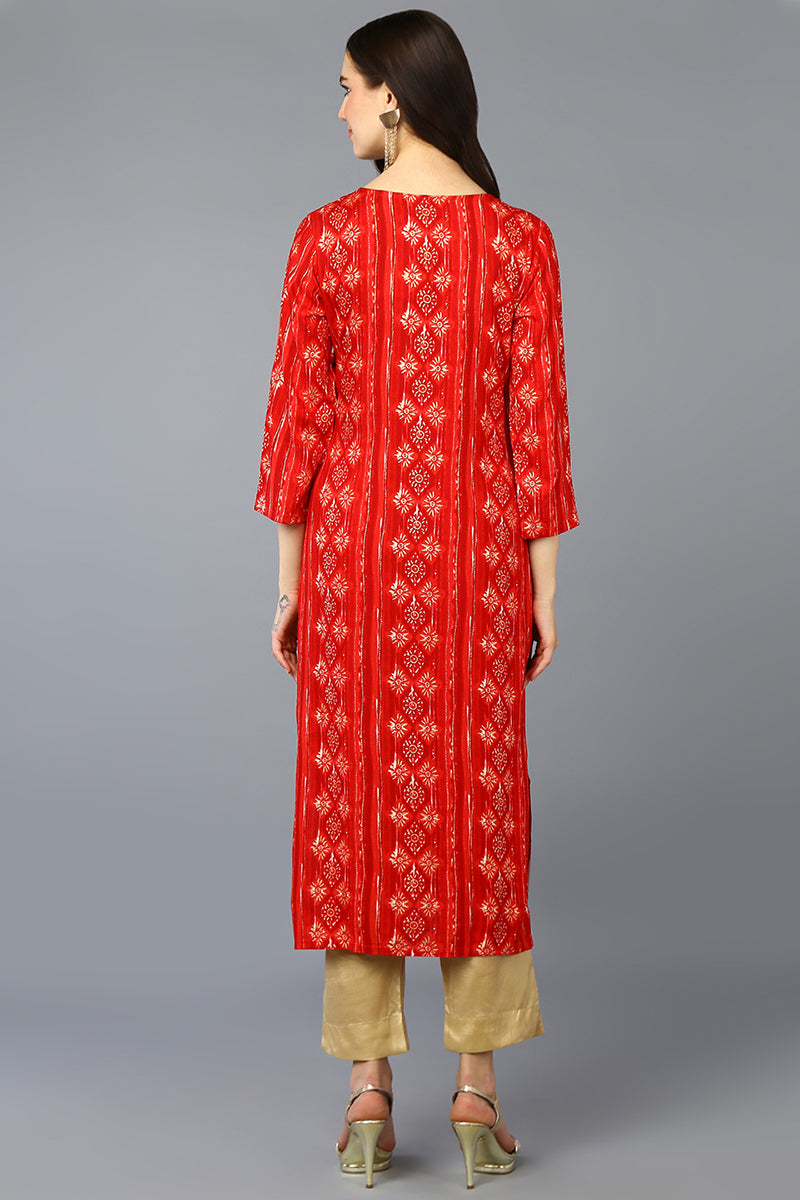 Red Viscose Rayon Ethnic Motifs A-Line Kurta VCK9371