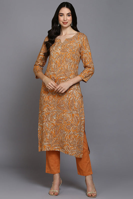 Orange Viscose Rayon Ethnic Motifs Straight Kurta VCK9373