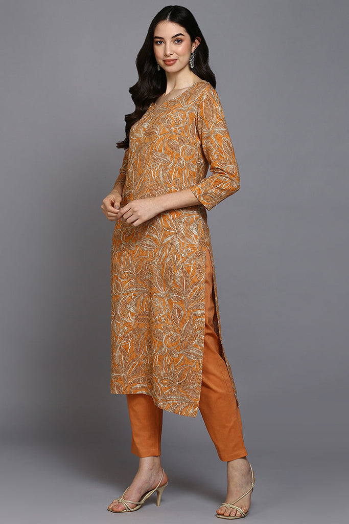 Orange Viscose Rayon Ethnic Motifs Straight Kurta VCK9373