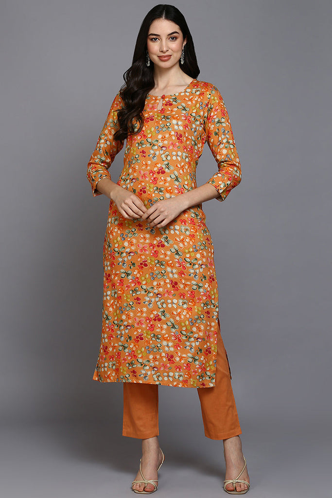 Orange Viscose Rayon Floral Straight Kurta VCK9374