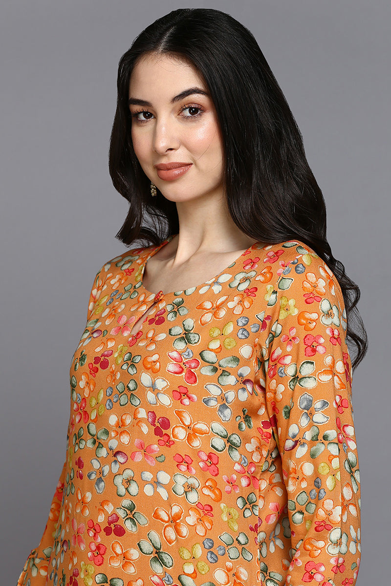 Orange Viscose Rayon Floral Straight Kurta VCK9374