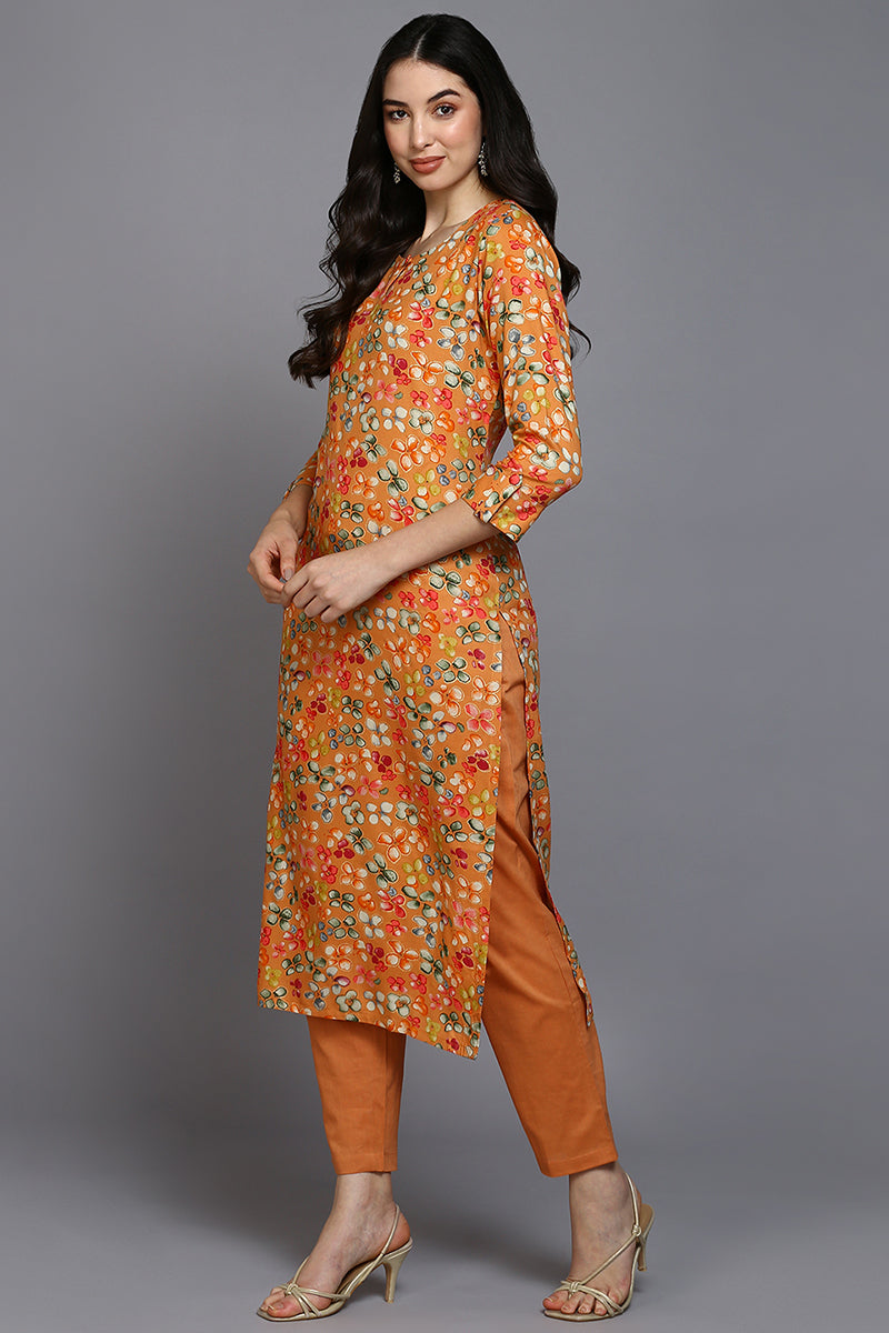 Orange Viscose Rayon Floral Straight Kurta VCK9374