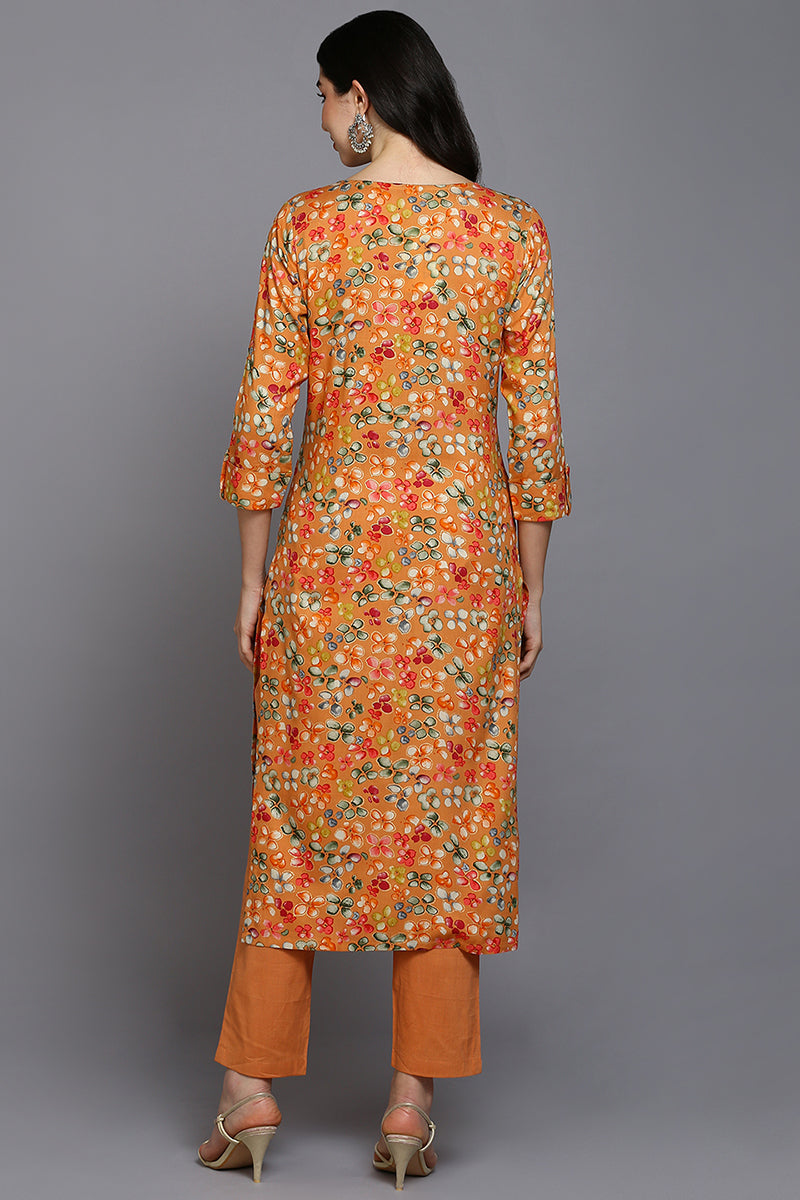 Orange Viscose Rayon Floral Straight Kurta VCK9374