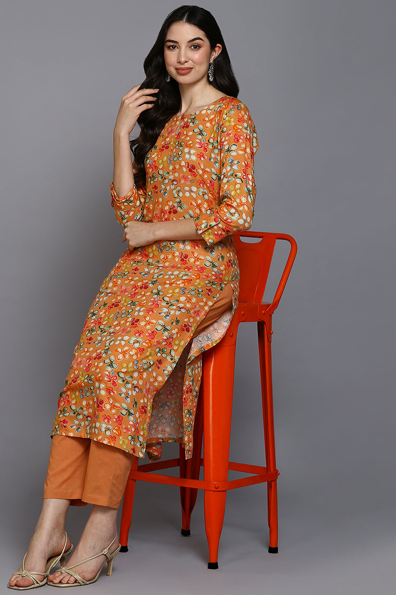 Orange Viscose Rayon Floral Straight Kurta VCK9374