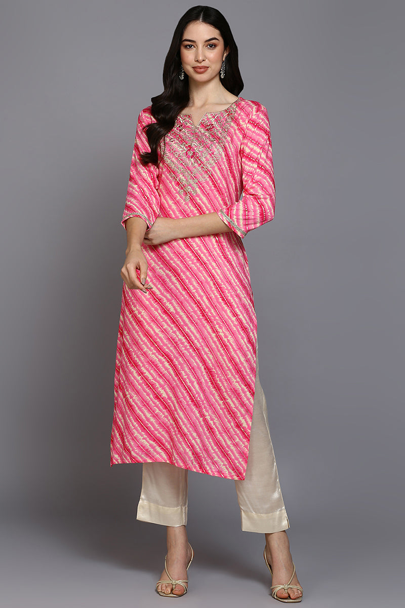 Pink Viscose Rayon Leheriya A-Line Kurta VCK9376