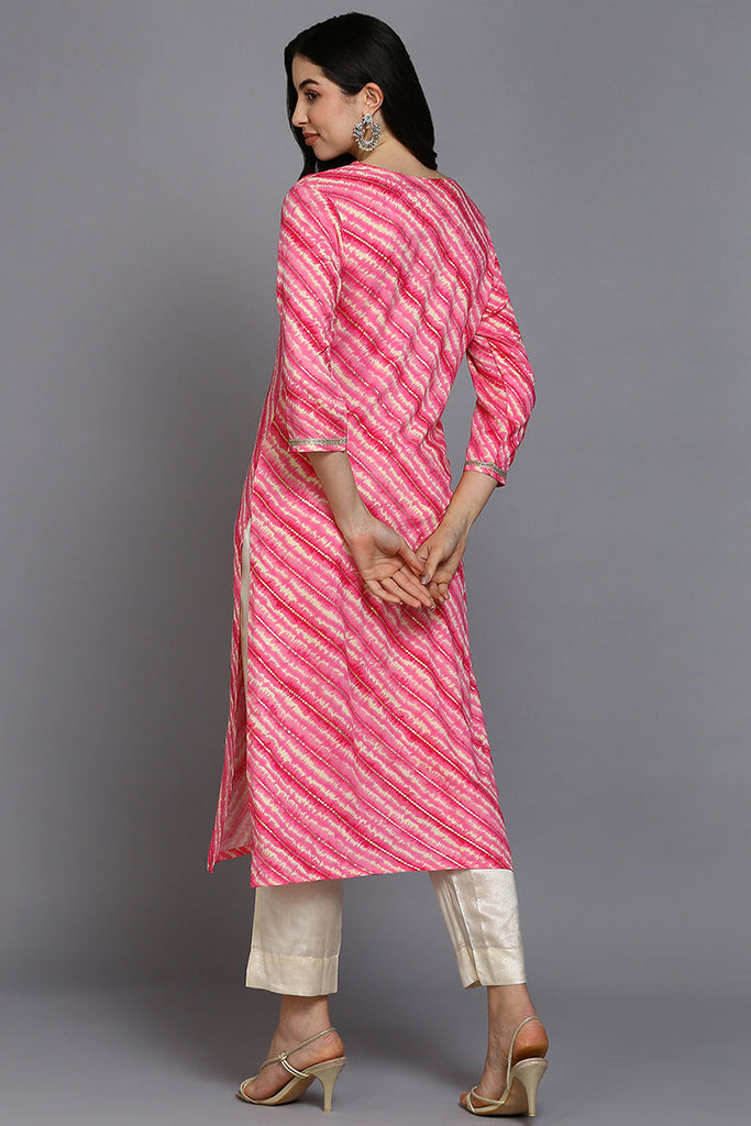 Pink Viscose Rayon Leheriya A-Line Kurta VCK9376