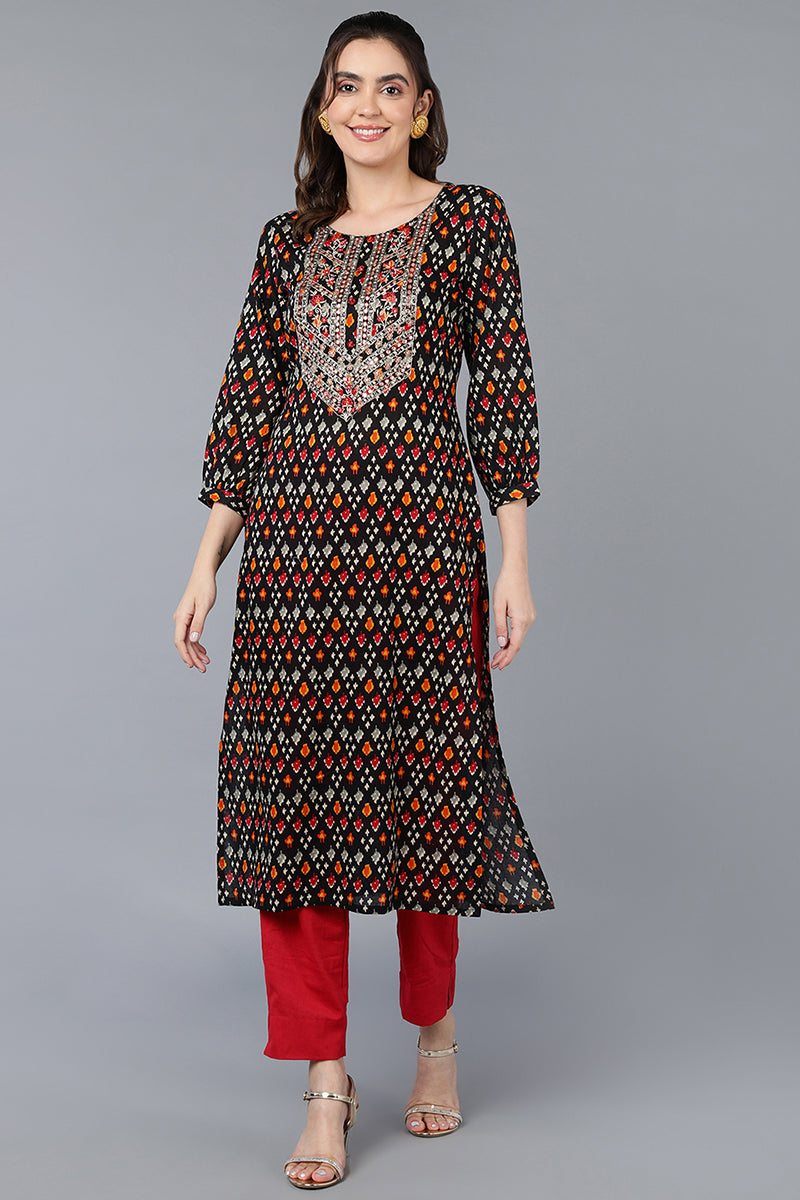 Cotton Black Ikat Printed Straight Kurta VCK9381