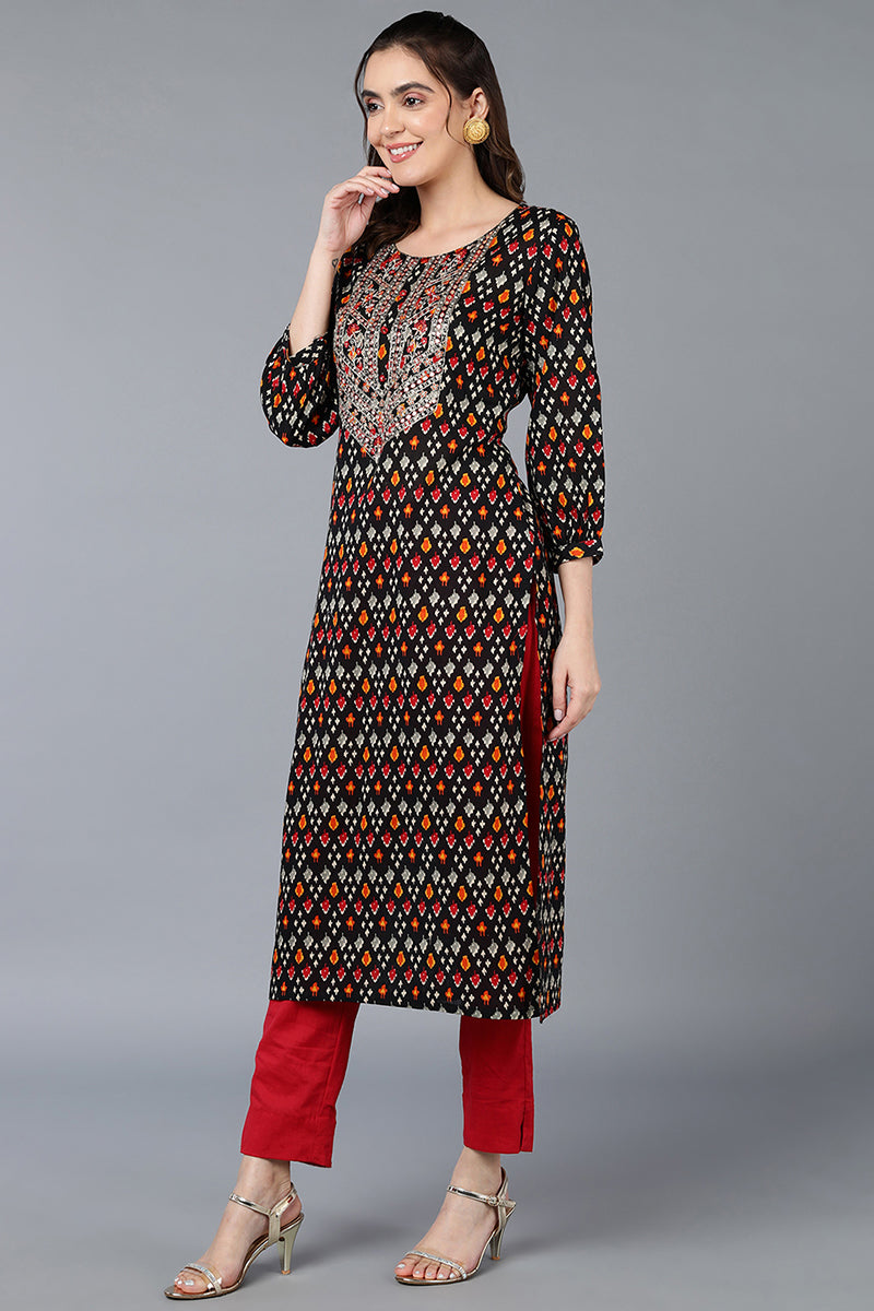 Cotton Black Ikat Printed Straight Kurta VCK9381