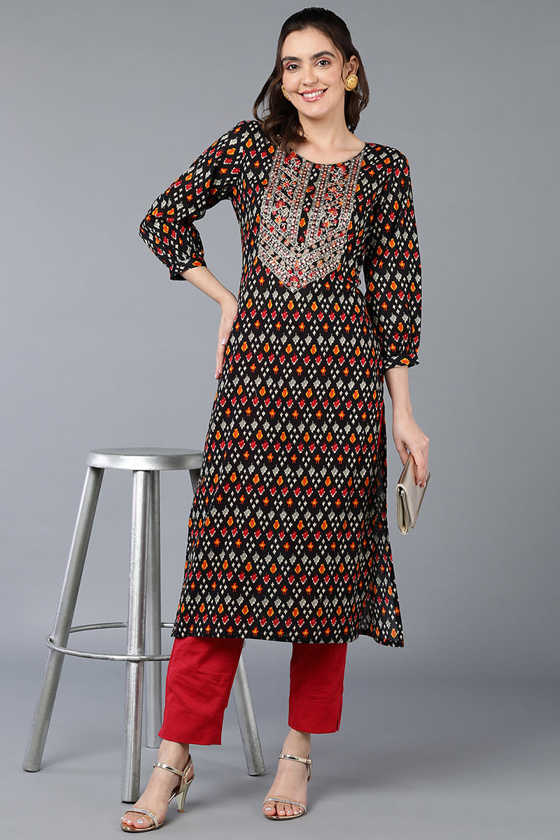 Cotton Black Ikat Printed Straight Kurta VCK9381