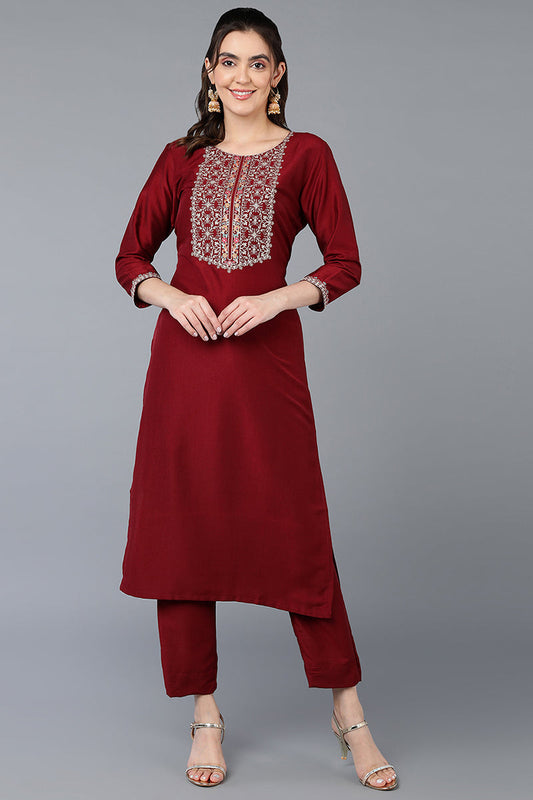 Silk Blend Maroon Embroidered Straight Kurta VCK9385