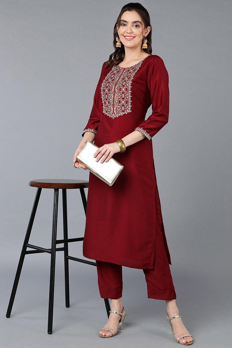 Silk Blend Maroon Embroidered Straight Kurta VCK9385