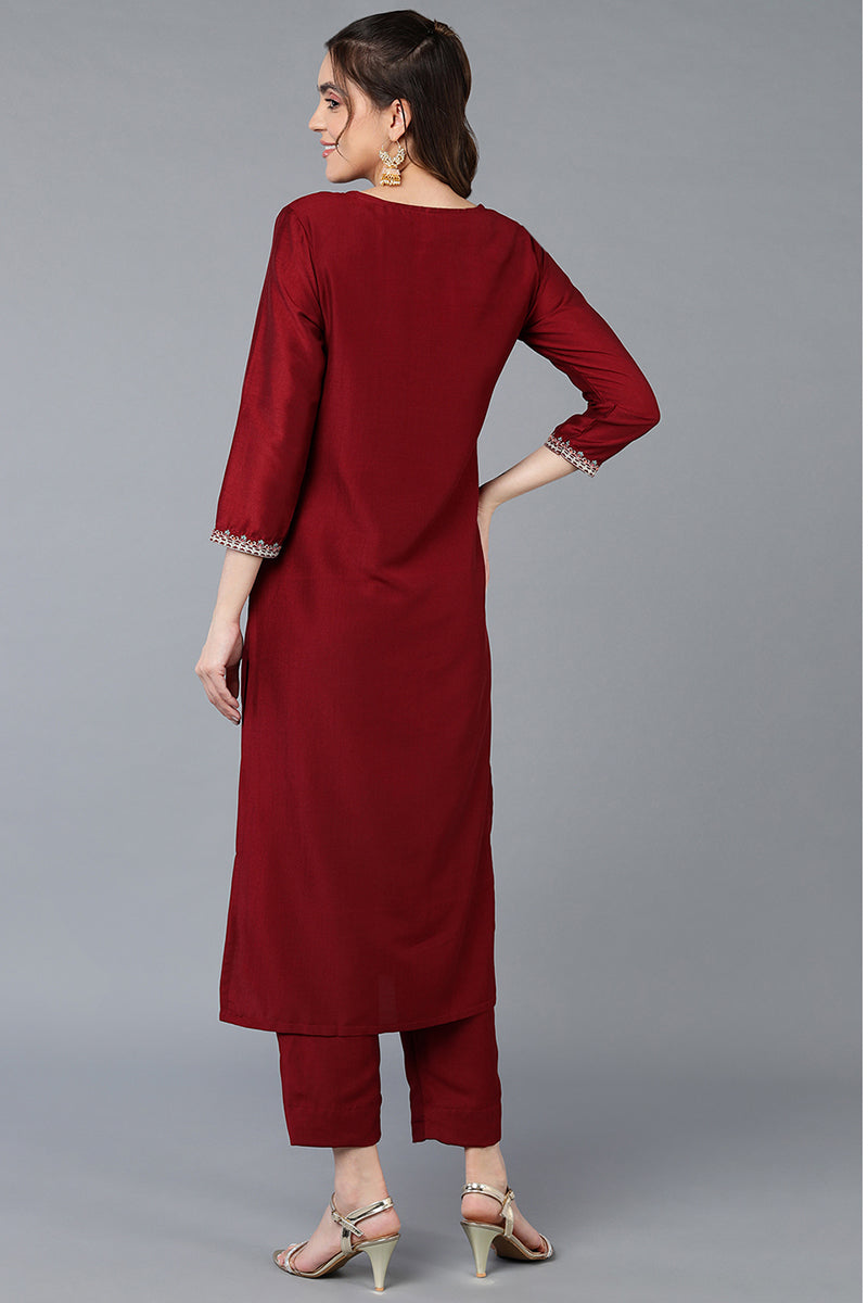 Silk Blend Maroon Embroidered Straight Kurta VCK9385