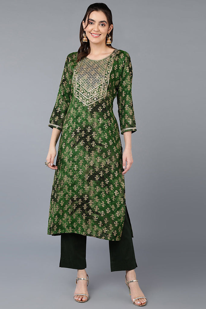 Cotton Blend  Green Printed Straight Kurta VCK9392