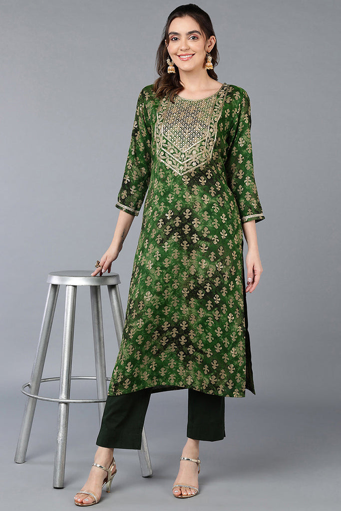 Cotton Blend  Green Printed Straight Kurta VCK9392