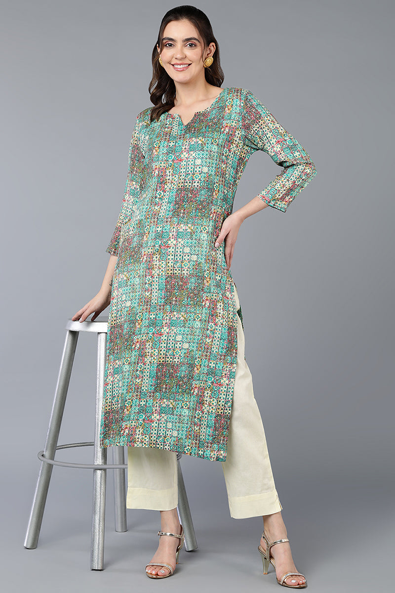 Cotton Blend Green Printed Straight Kurta VCK9393