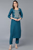 Silk Blend Teal Blue Embroidered Straight Kurta VCK9395