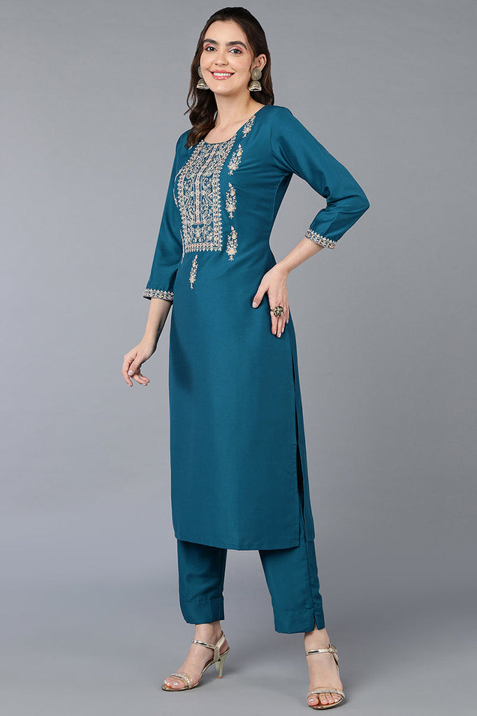 Silk Blend Teal Blue Embroidered Straight Kurta VCK9395