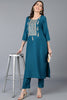 Silk Blend Teal Blue Embroidered Straight Kurta VCK9395