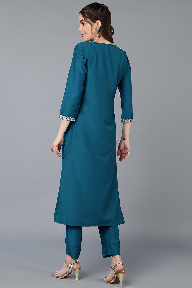 Silk Blend Teal Blue Embroidered Straight Kurta VCK9395